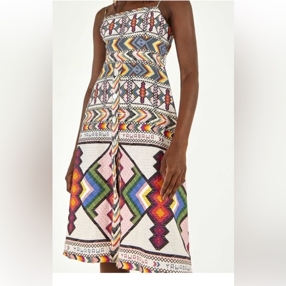 FARM Rio Dresses & Skirts - FARM RIO Amulet Linen Blend Dress Tie Back Beaded Multicolor NWT Size Medium